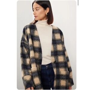 Madewell Plaid Cardigan Coat Navy Cream Wool Blend Oversized Jacke M